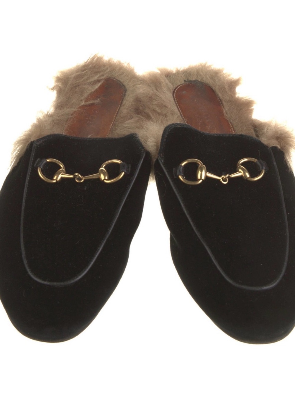 Gucci Black Velvet Fur-Lined Horsebit Backless Mules - Picture 1 of 4